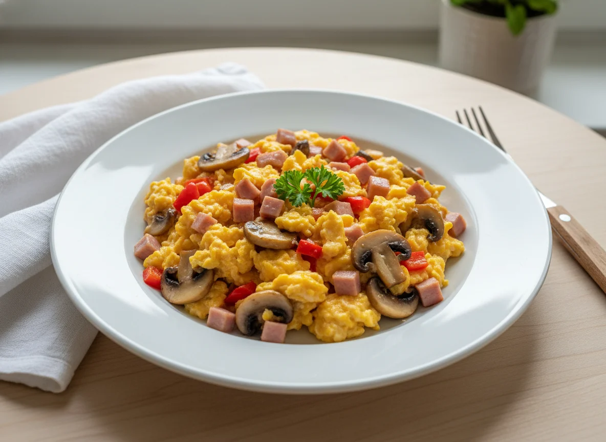 Scrambled Eggs with Ham, Bell Pepper, and Mushrooms photo