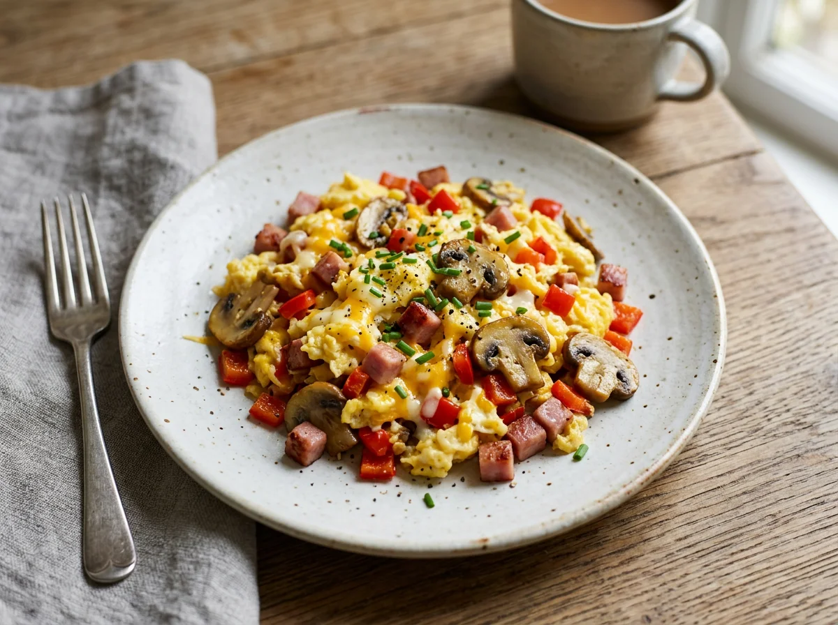 Scrambled Eggs with Ham, Bell Pepper, Mushrooms, and Cheese photo