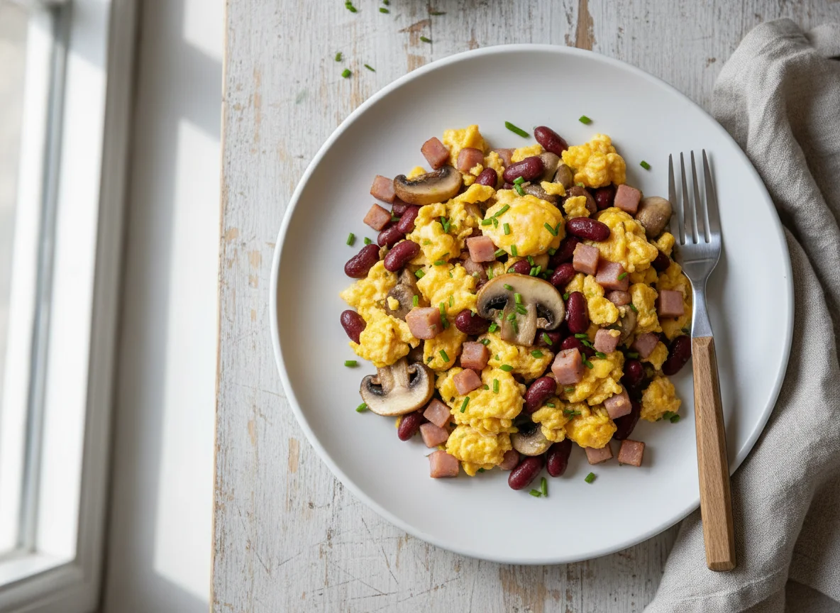 Scrambled Eggs with Ham, Mushrooms, and Kidney Beans photo