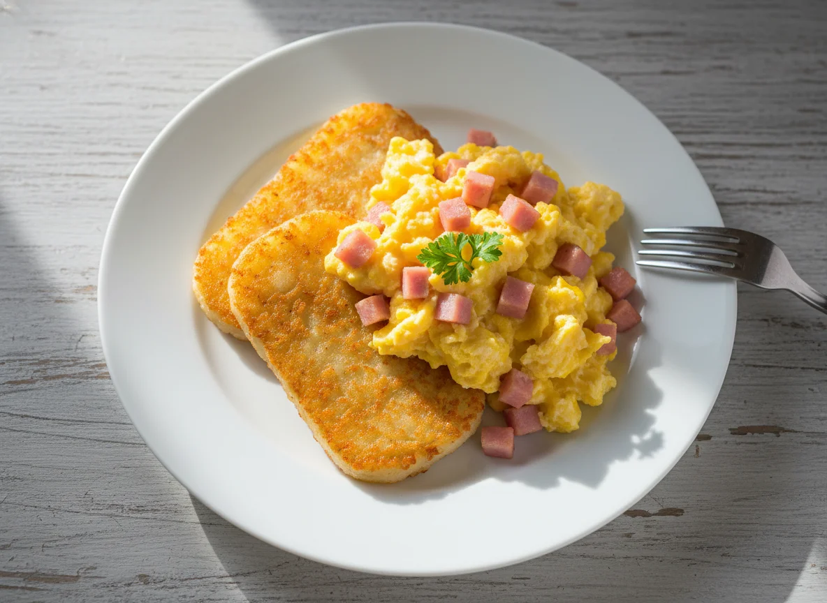 Scrambled Eggs with Ham on Hash Browns photo