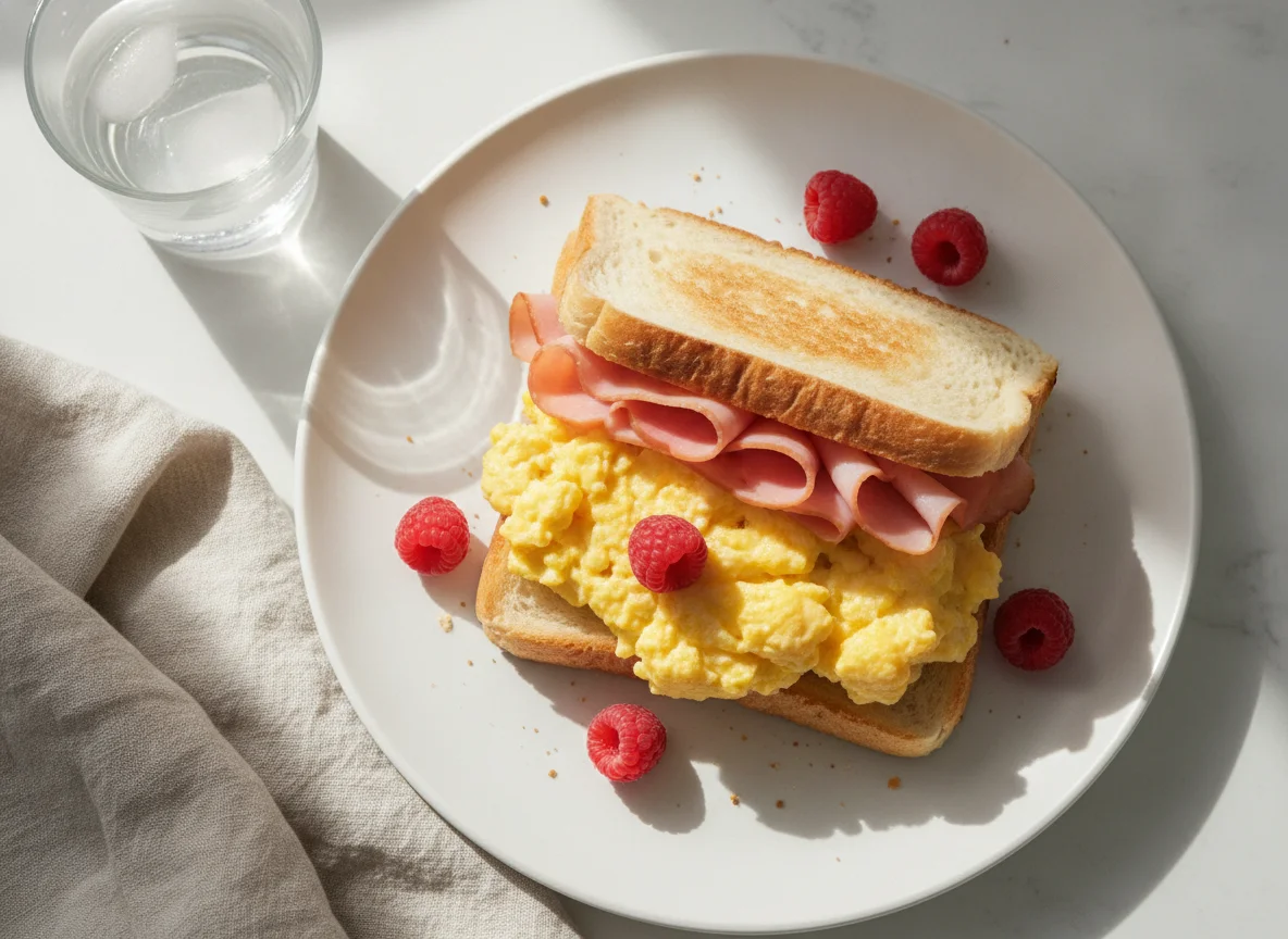 Scrambled eggs with ham sandwich and raspberries photo