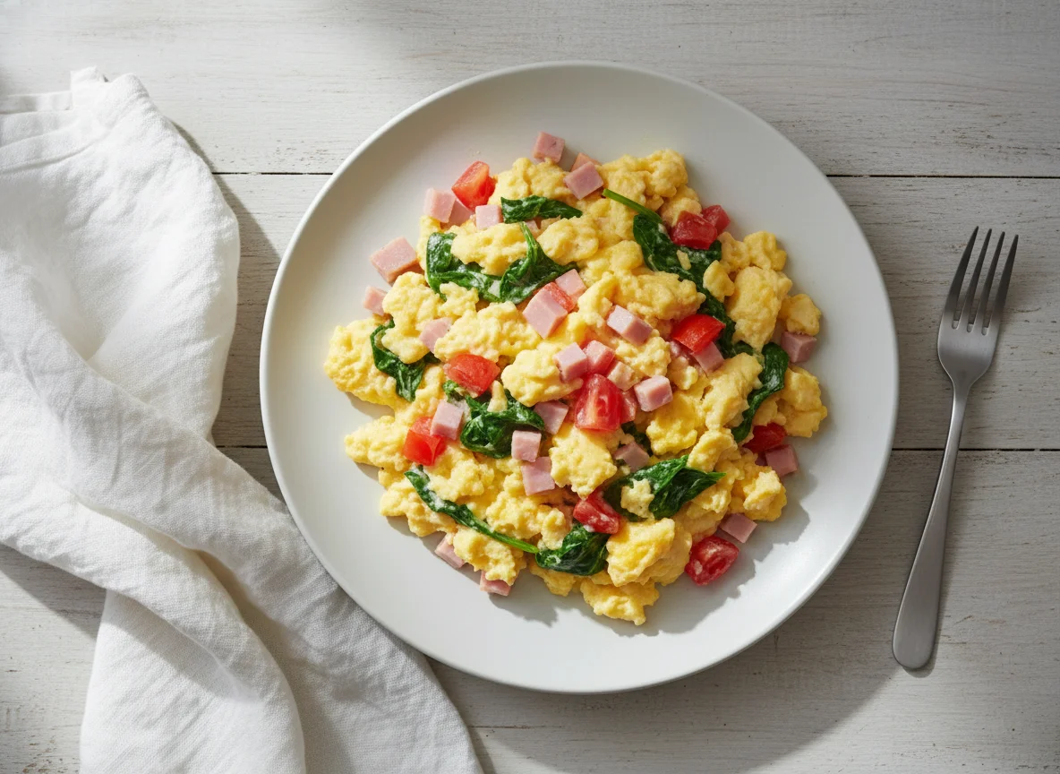 Scrambled Eggs with Ham, Spinach, and Tomatoes photo
