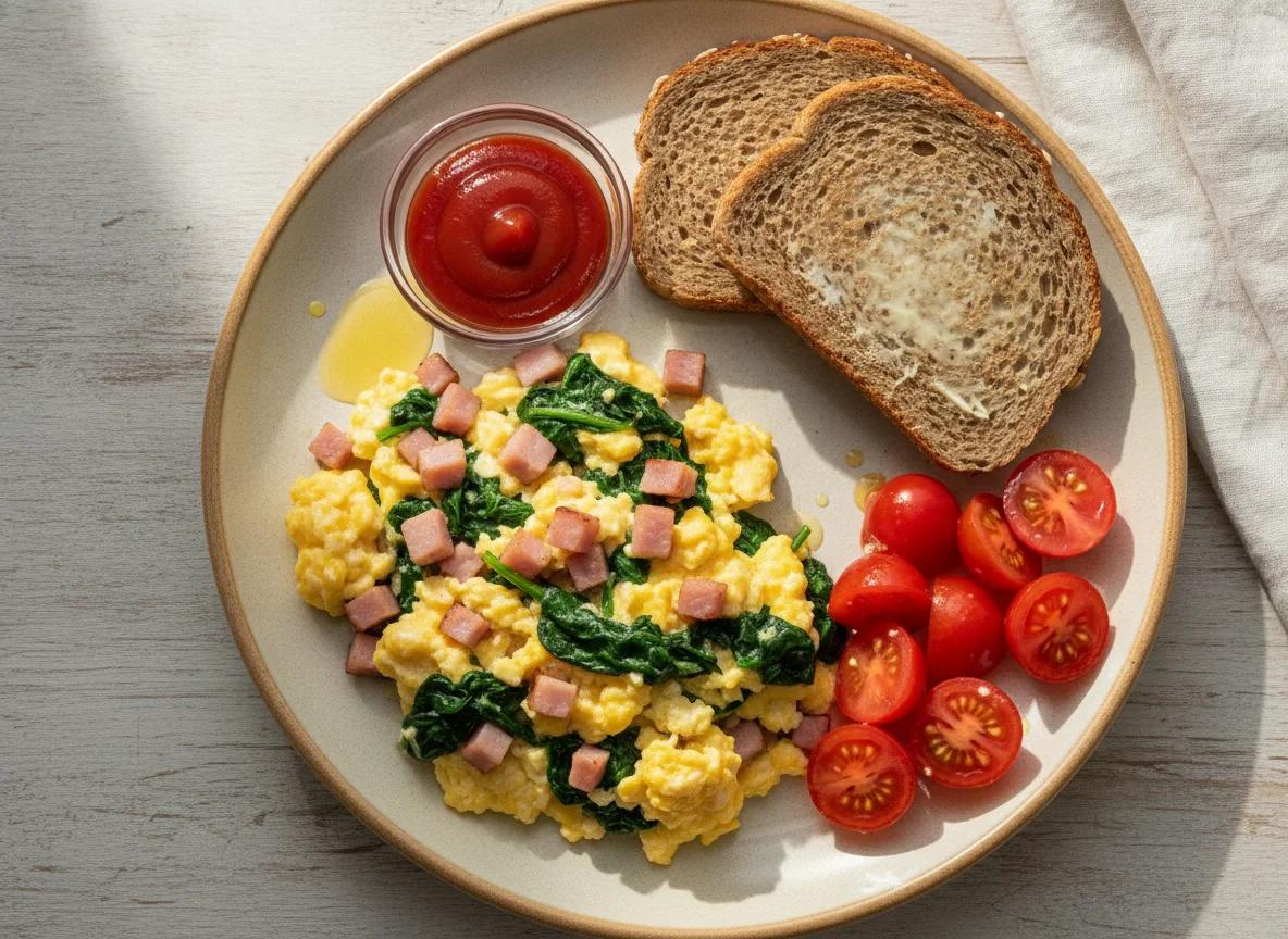 Scrambled eggs with ham, spinach, rye bread and cherry tomatoes photo