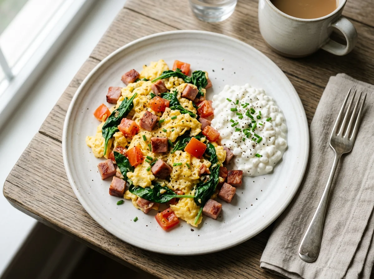 Scrambled Eggs with Ham, Spinach, Tomatoes and Cottage Cheese photo