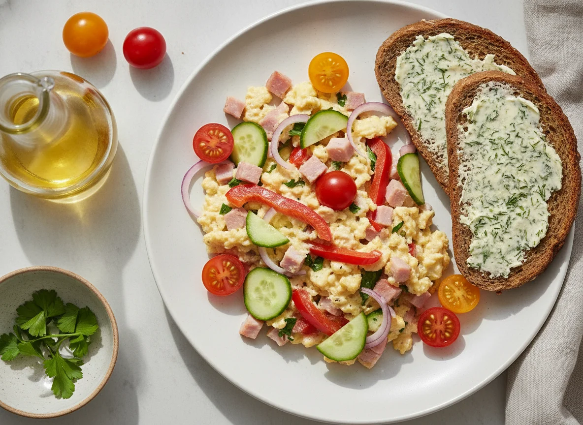 Scrambled eggs with ham, vegetables and rye bread photo