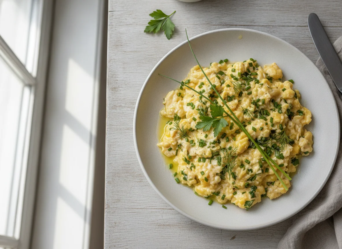 Scrambled eggs with herbs photo