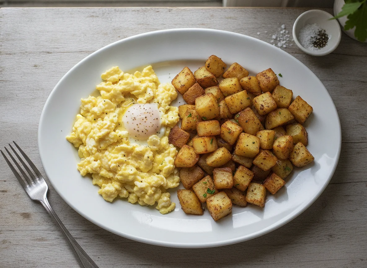 Scrambled eggs with home fries photo