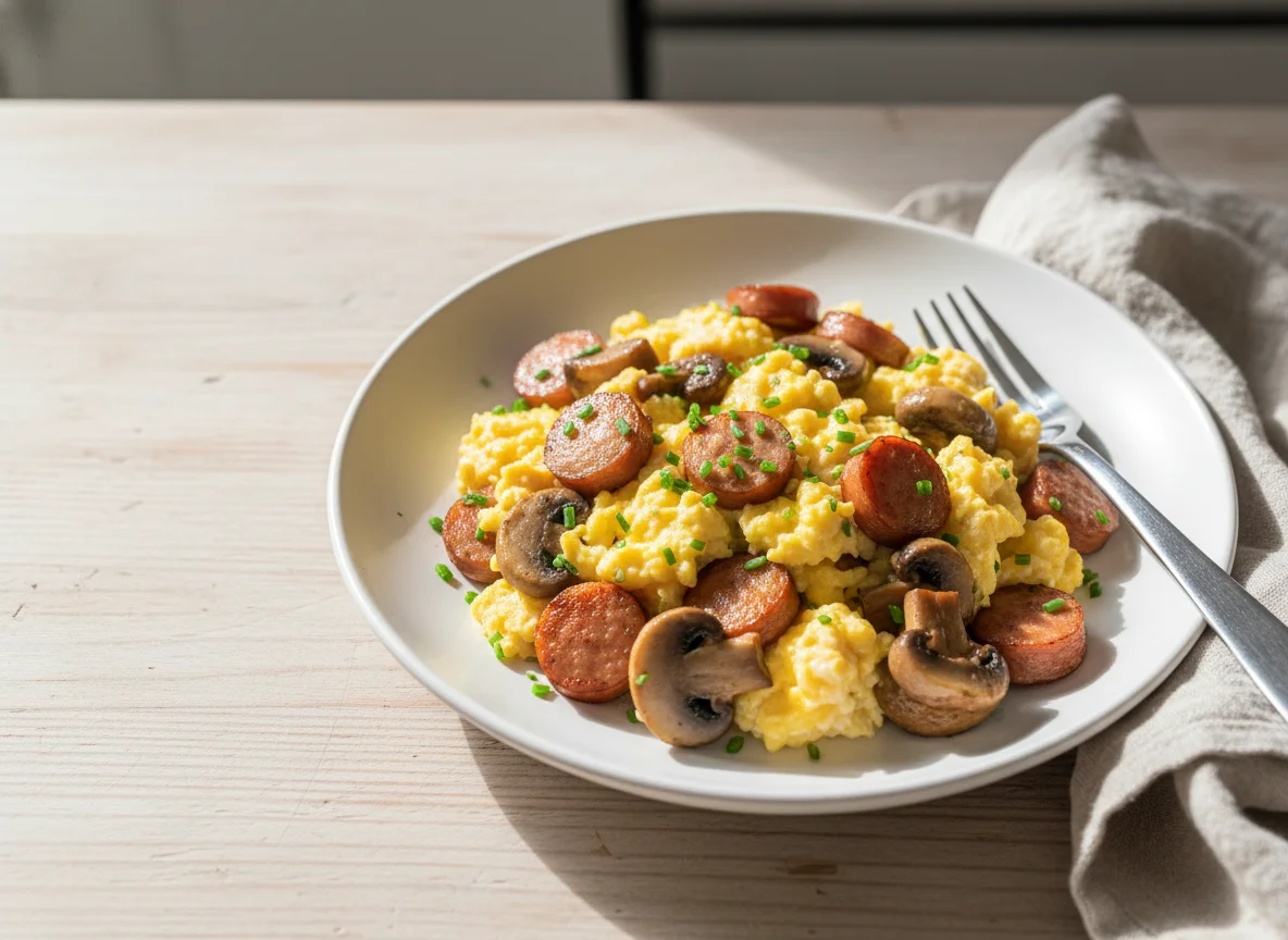 Scrambled Eggs with Hot Dogs and Mushrooms photo