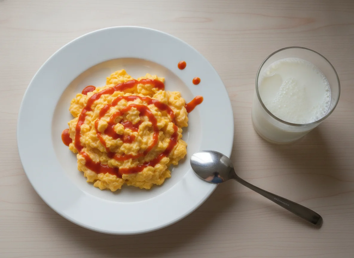 Scrambled eggs with hot sauce and a glass of milk photo