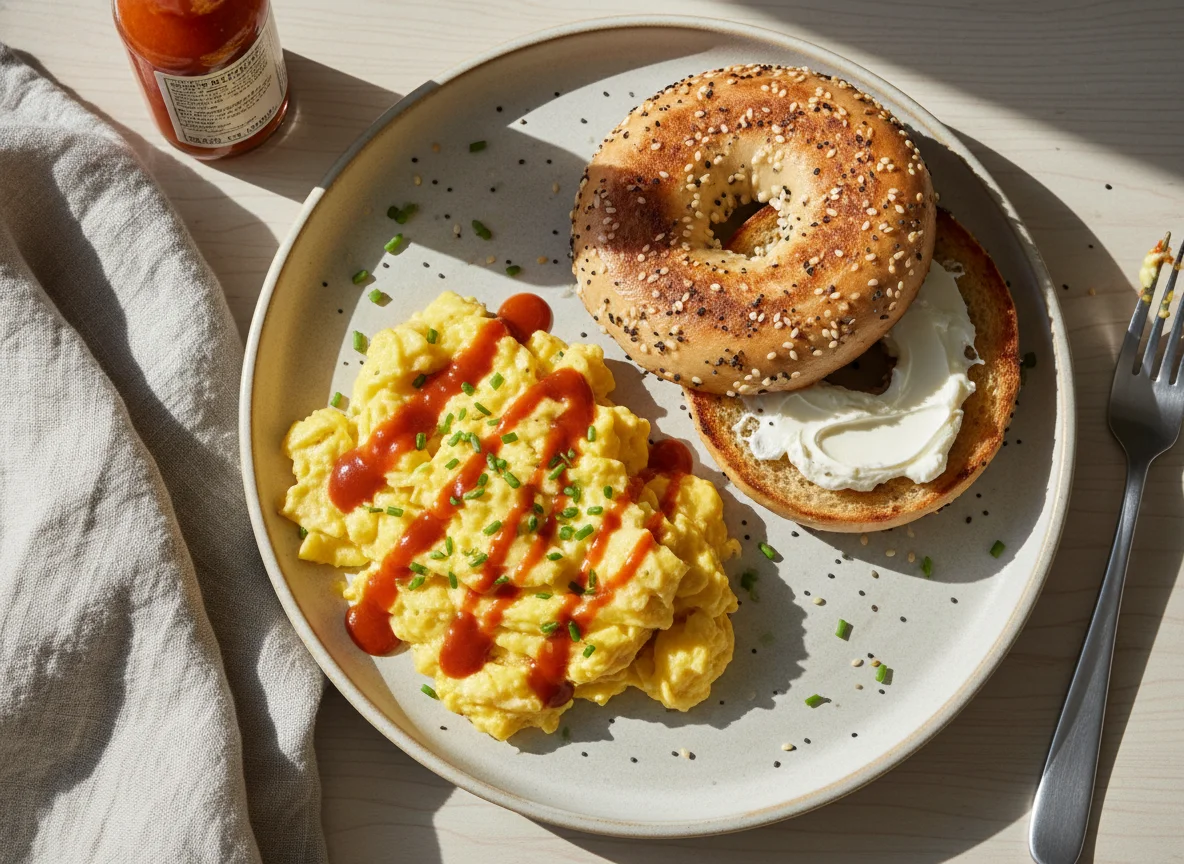 Scrambled Eggs with Hot Sauce and Toasted Bagel photo