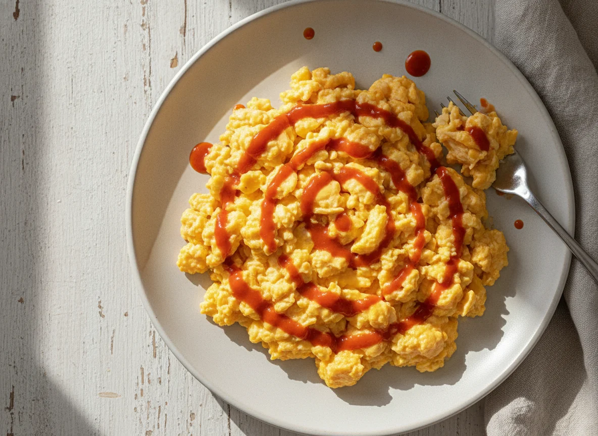 Scrambled eggs with hot sauce photo