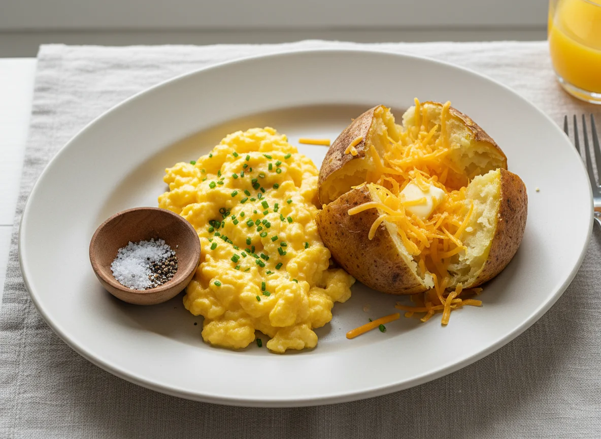Scrambled Eggs with Jacket Potato and Cheese photo
