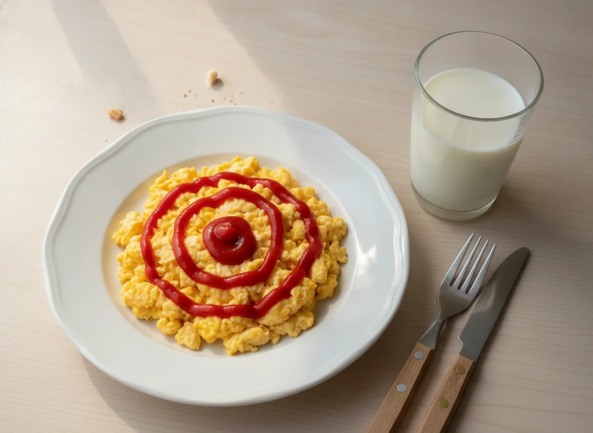 Scrambled eggs with ketchup and a glass of milk photo