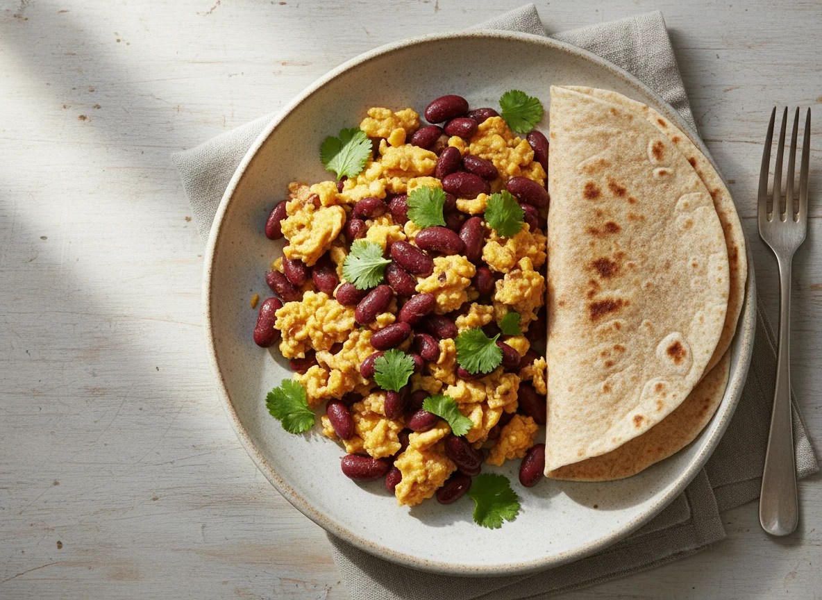 Scrambled Eggs with Kidney Beans and Tortilla photo