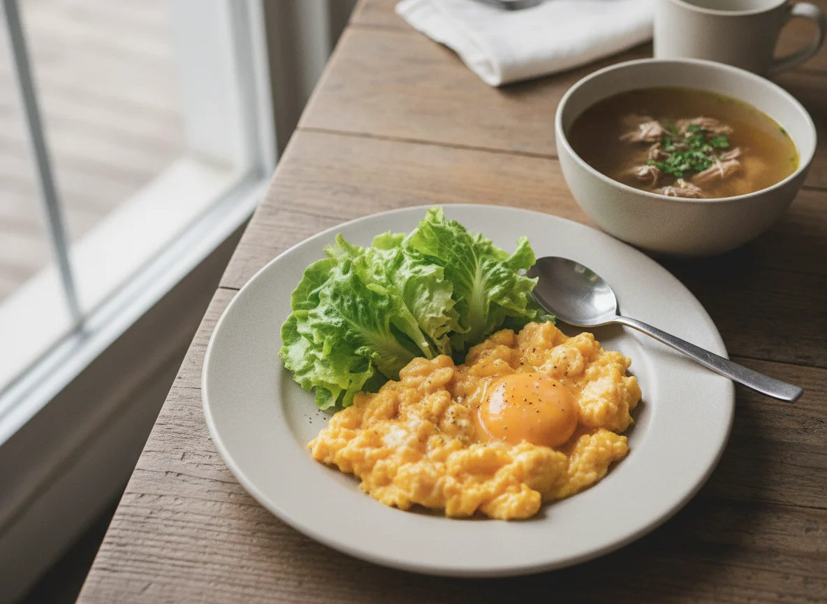 Scrambled eggs with lettuce and soup photo