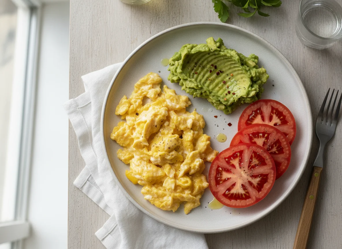 Scrambled eggs with mashed avocado and tomato photo