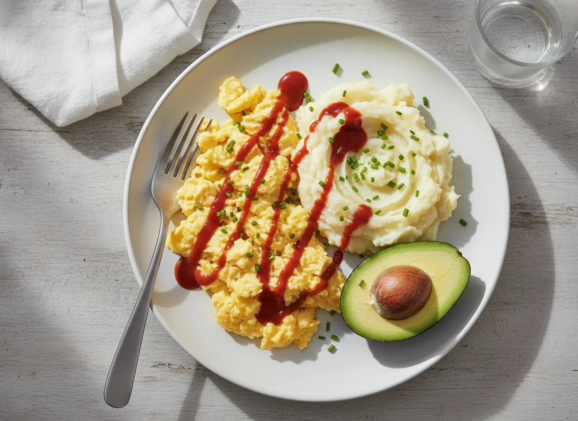 Scrambled eggs with mashed potatoes and avocado photo