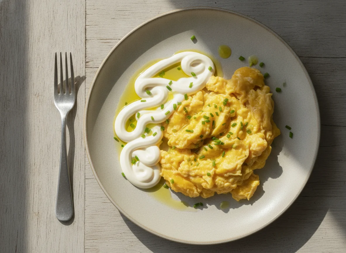 Scrambled eggs with mayonnaise photo