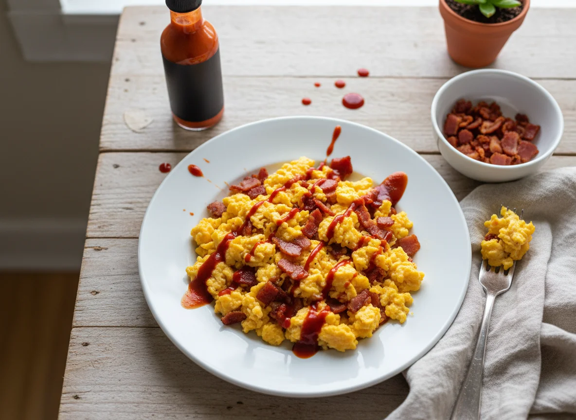 Scrambled Eggs with Meat and Hot Sauce photo