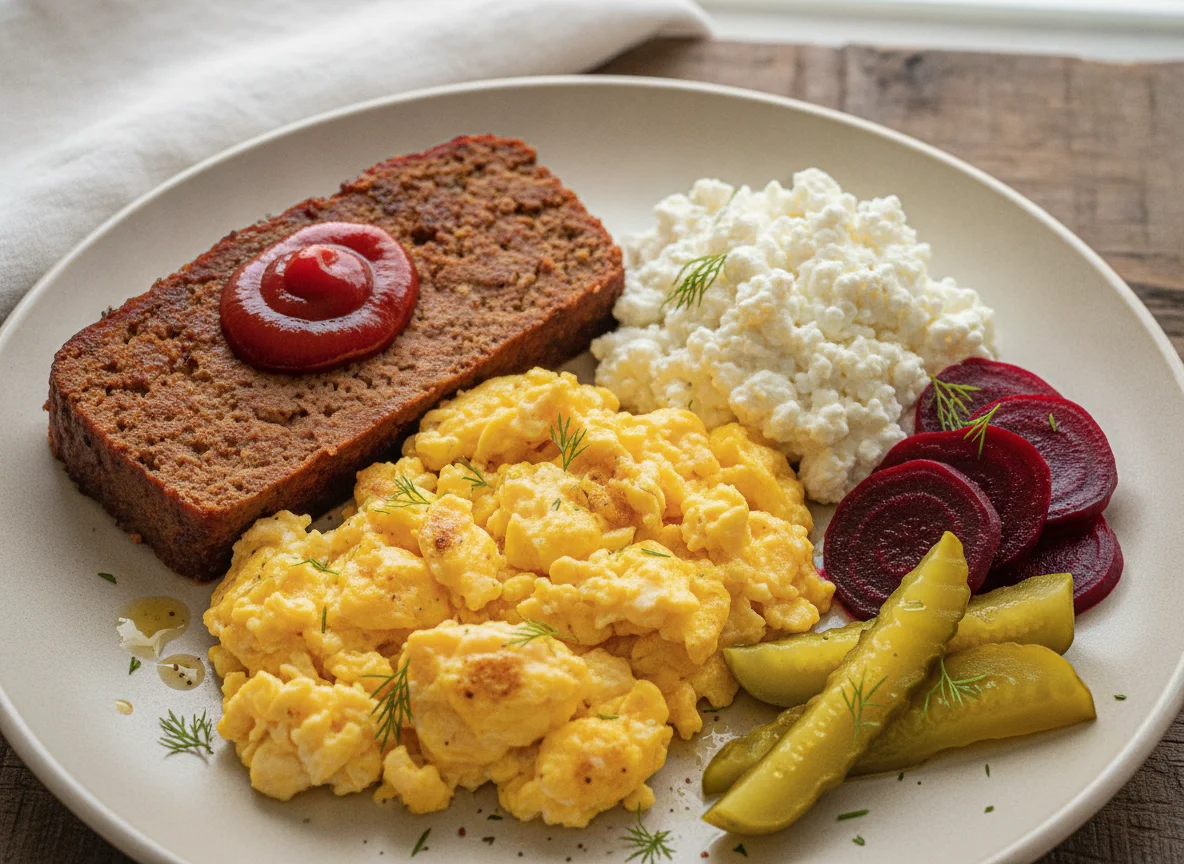 Scrambled eggs with meatloaf, cottage cheese, and pickles photo