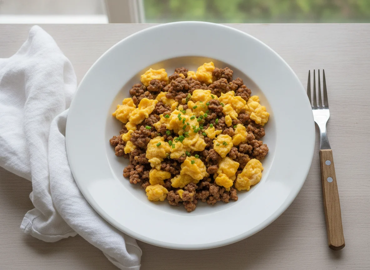 Scrambled eggs with minced meat photo