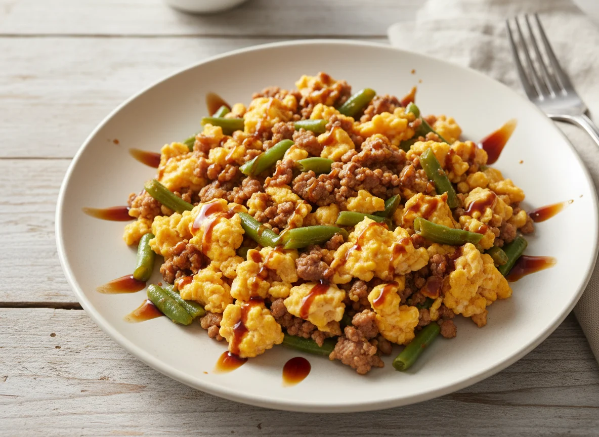 Scrambled Eggs with Minced Meat and Green Beans photo