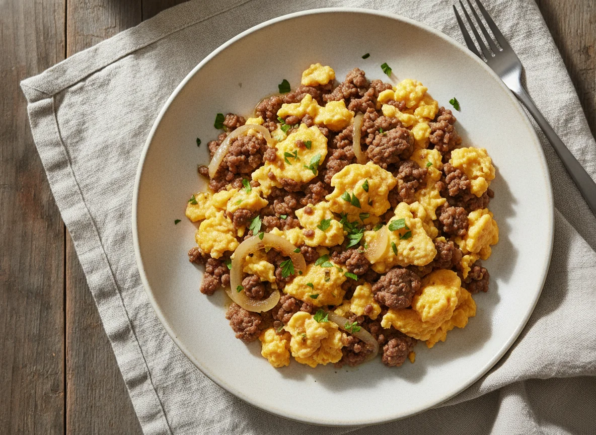 Scrambled eggs with minced meat and onions photo