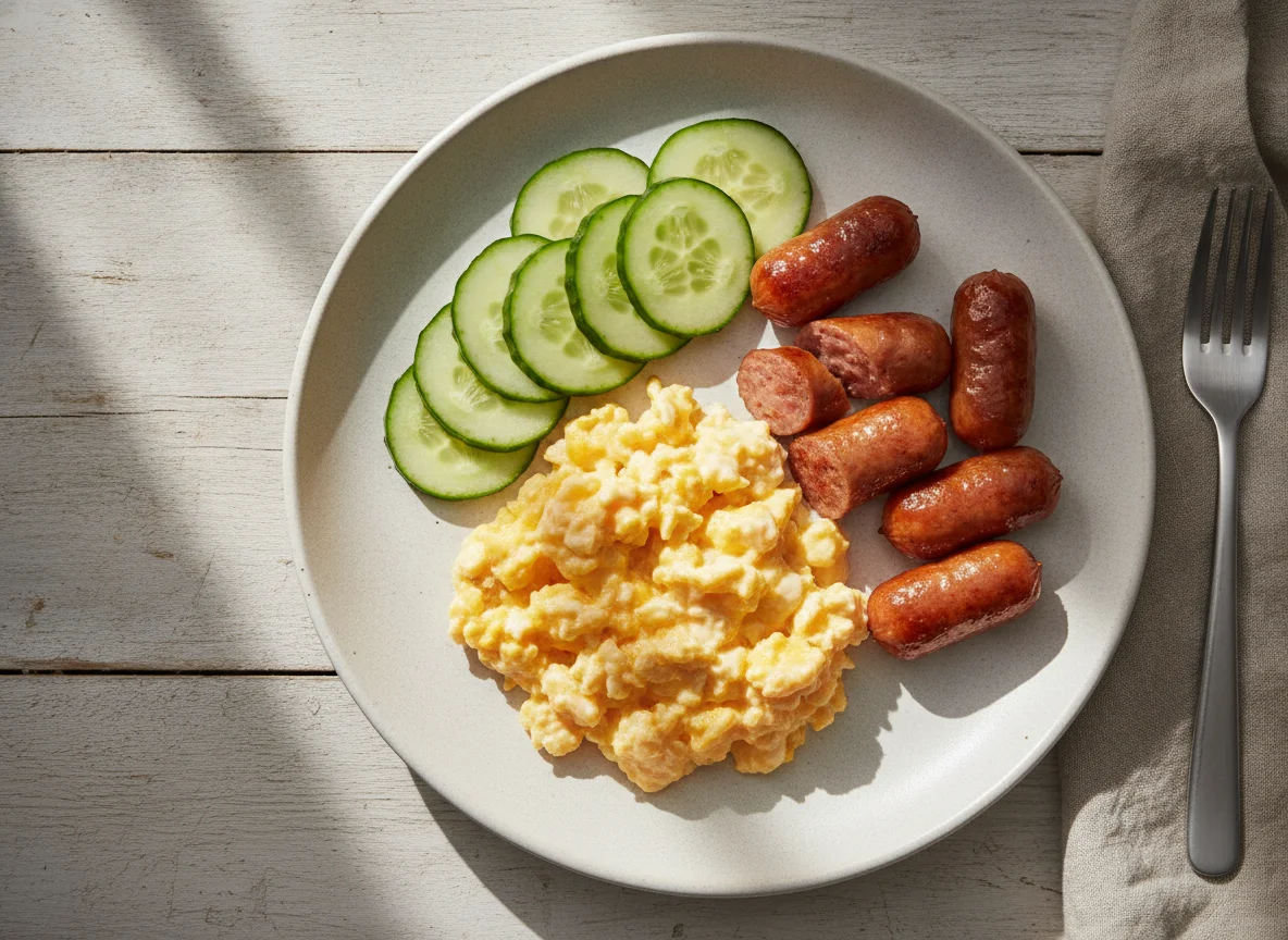 Scrambled eggs with mini sausages and cucumber photo