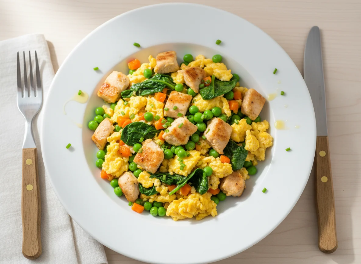 Scrambled Eggs with Mixed Vegetables and Chicken photo
