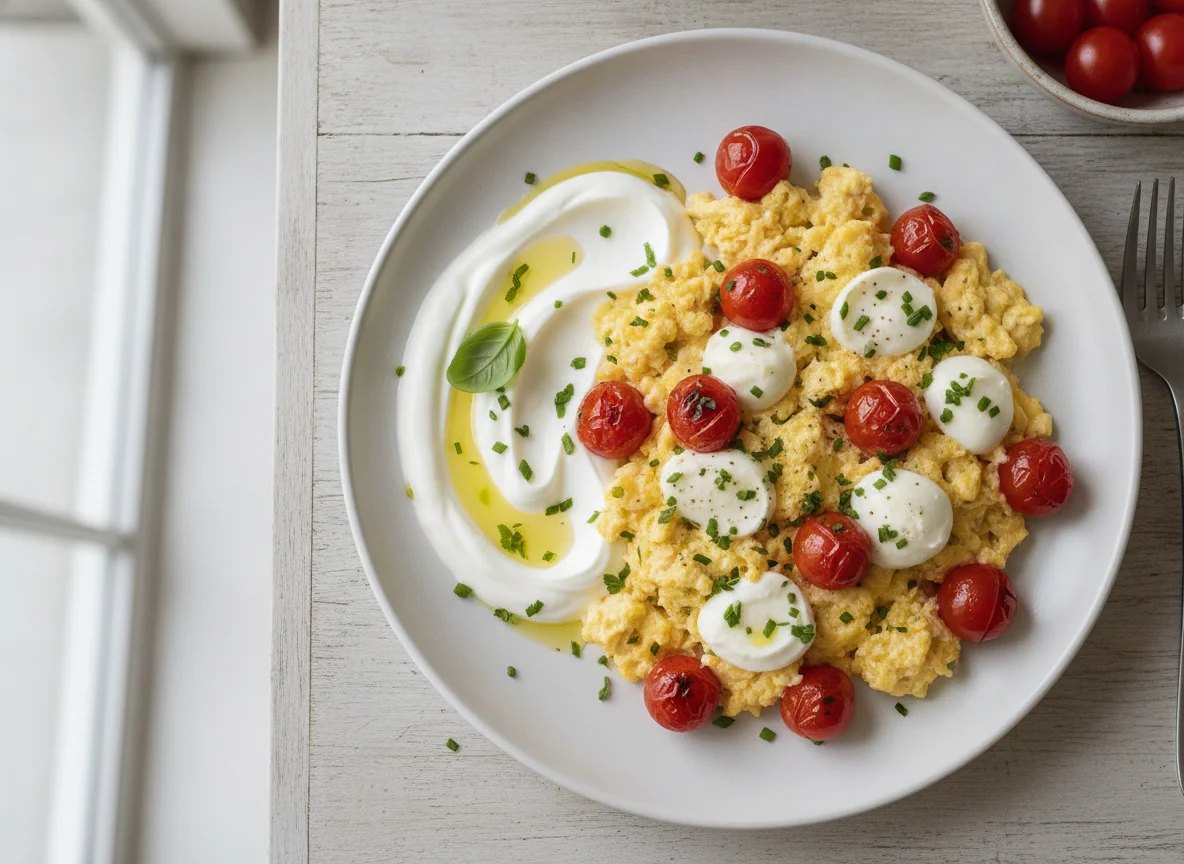 Scrambled eggs with mozzarella, cherry tomatoes and yogurt photo