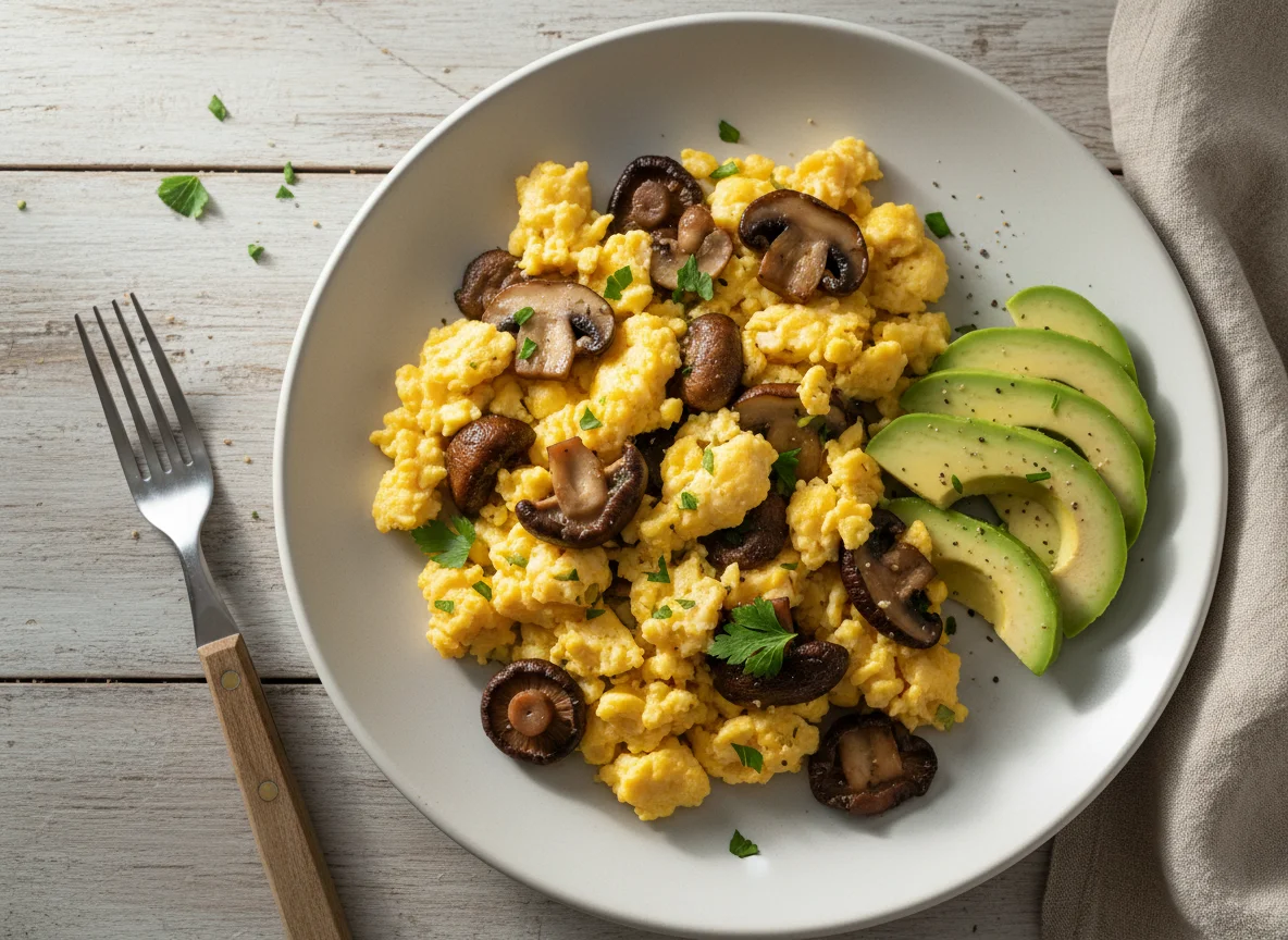 Scrambled Eggs with Mushrooms and Avocado photo