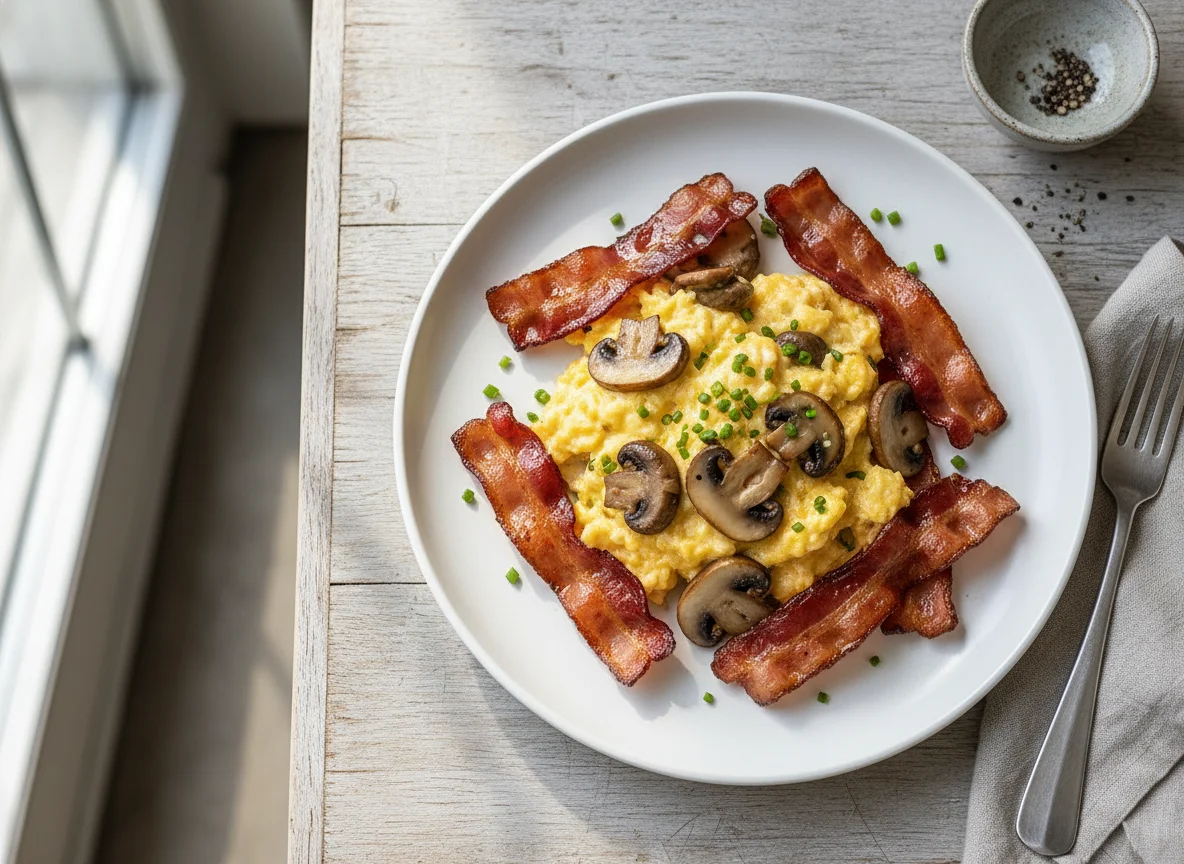 Scrambled Eggs with Mushrooms and Bacon photo