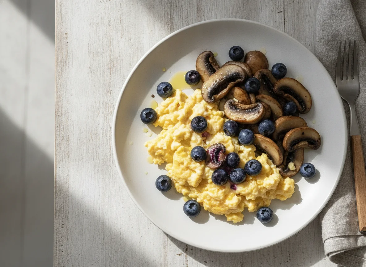 Scrambled eggs with mushrooms and blueberries photo