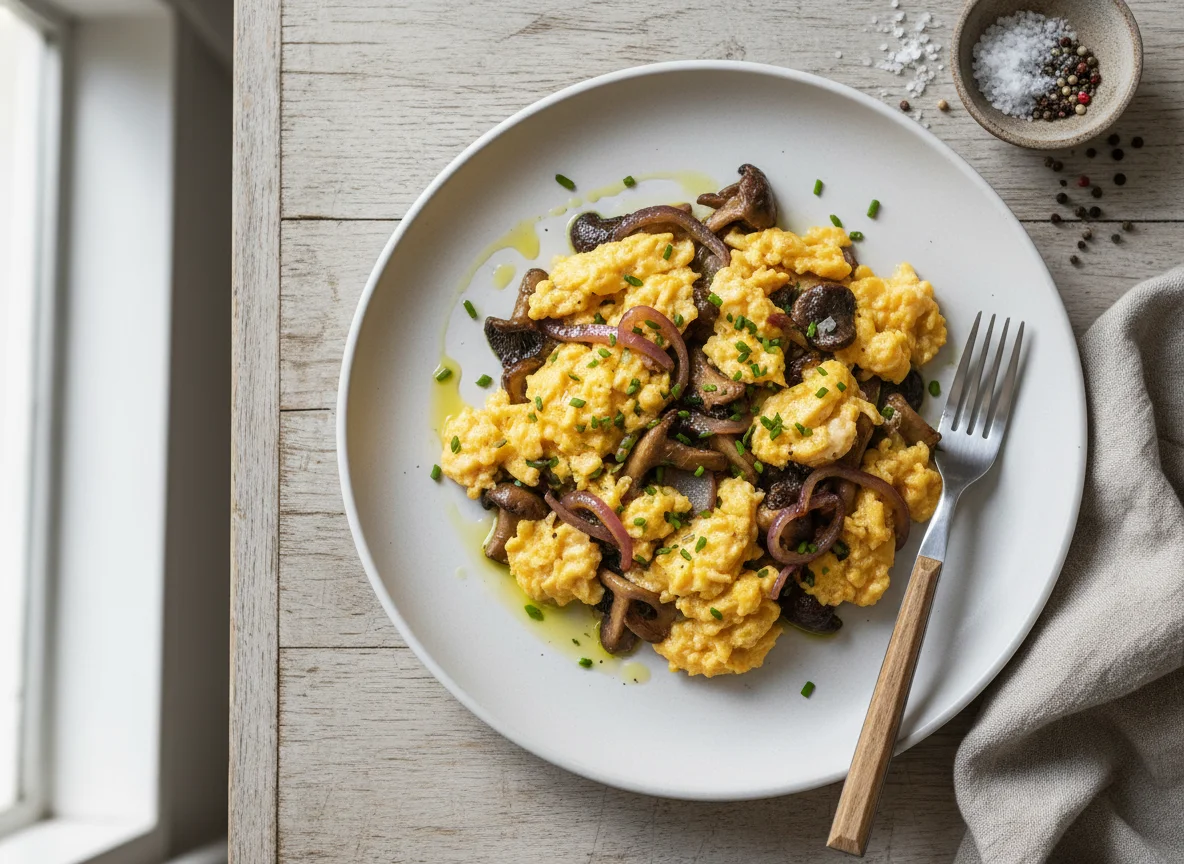 Scrambled Eggs with Mushrooms and Onions photo