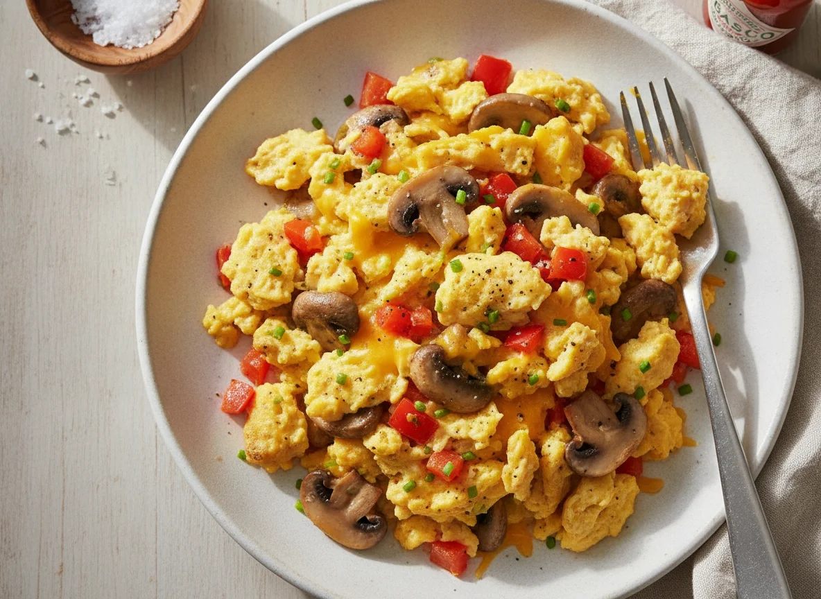 Scrambled Eggs with Mushrooms and Peppers photo