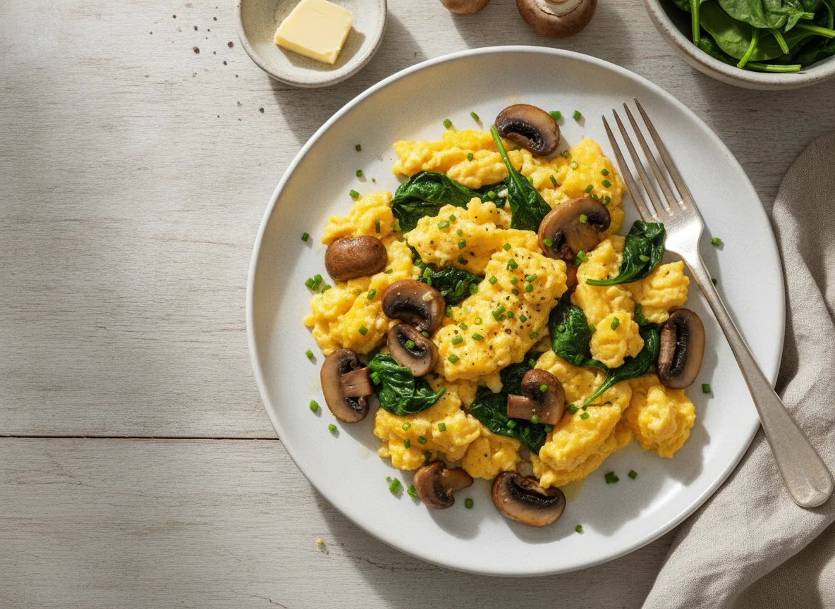 Scrambled eggs with mushrooms and spinach photo