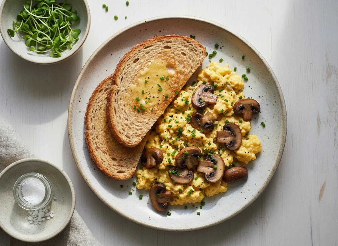 Scrambled Eggs with Mushrooms and Toast photo