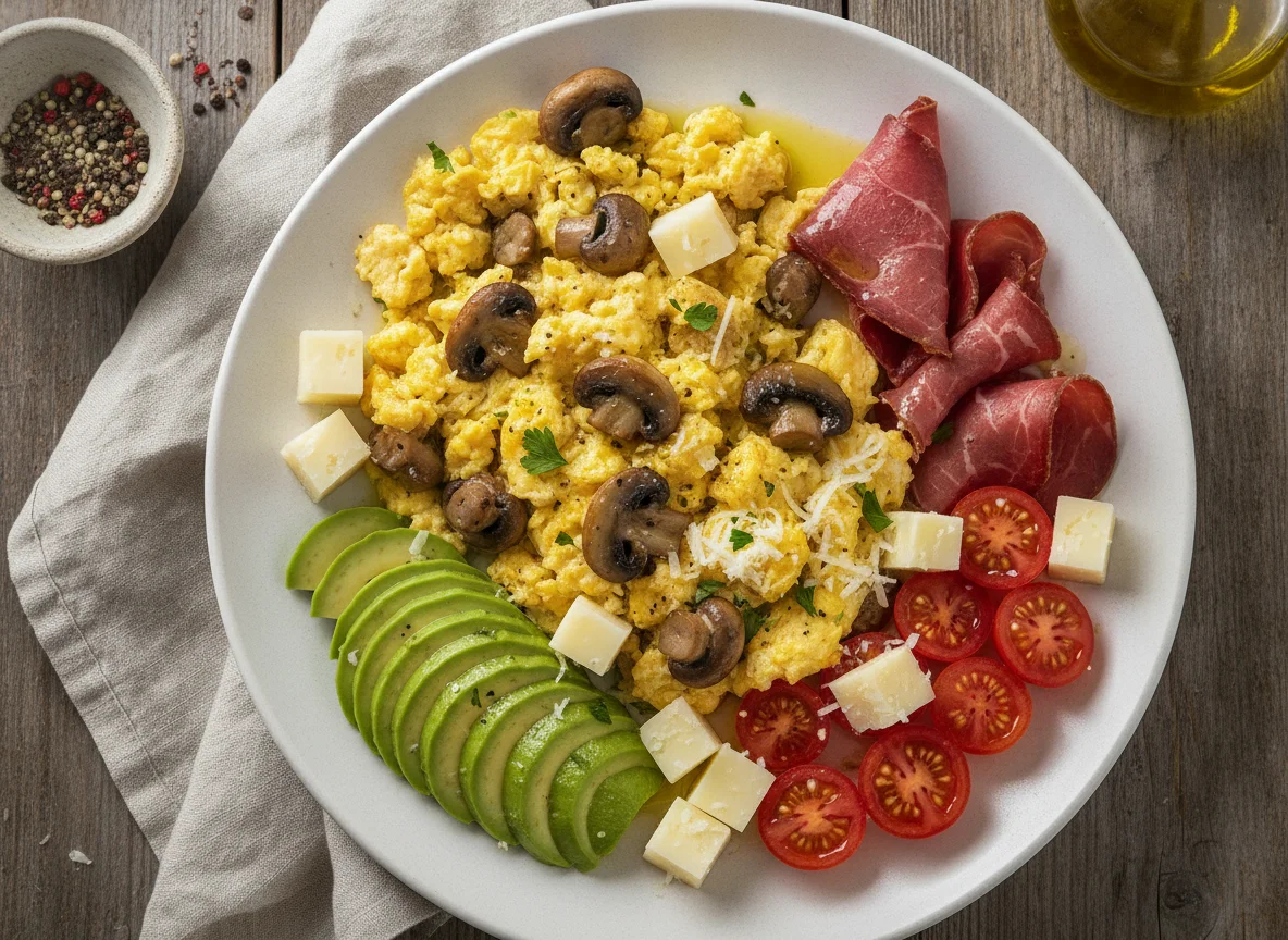 Scrambled eggs with mushrooms, avocado, tomato, cured beef and cheese photo
