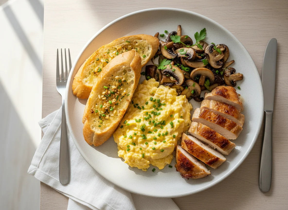 Scrambled Eggs with Mushrooms, Chicken, and Garlic Bread photo