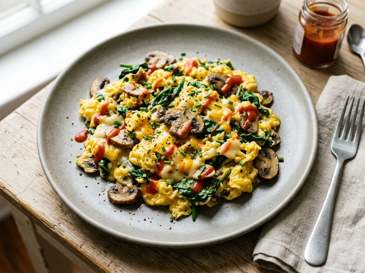 Scrambled Eggs with Mushrooms, Spinach, Cheese and Hot Sauce photo