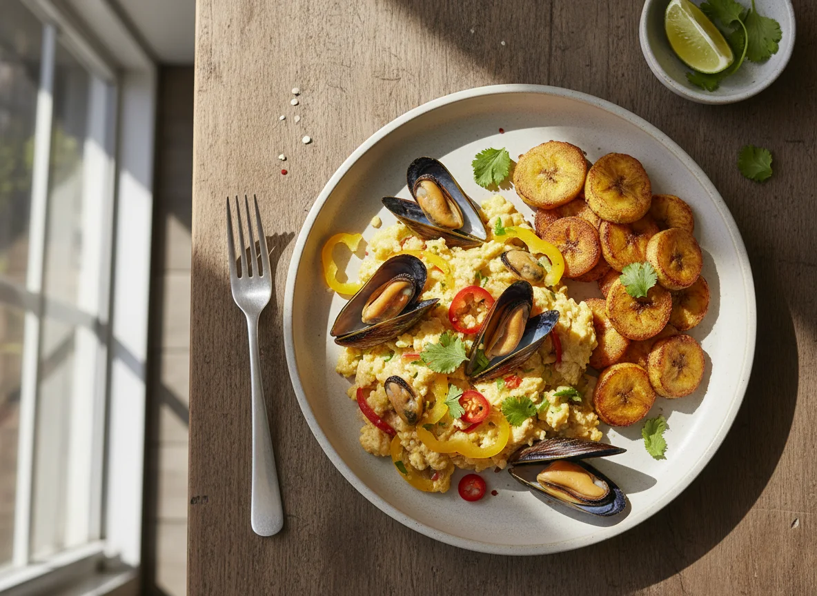 Scrambled Eggs with Mussels and Fried Plantains photo