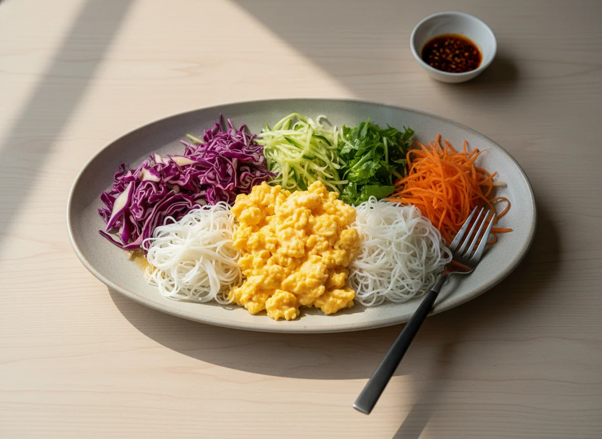 Scrambled Eggs with Noodle and Vegetable Salad photo
