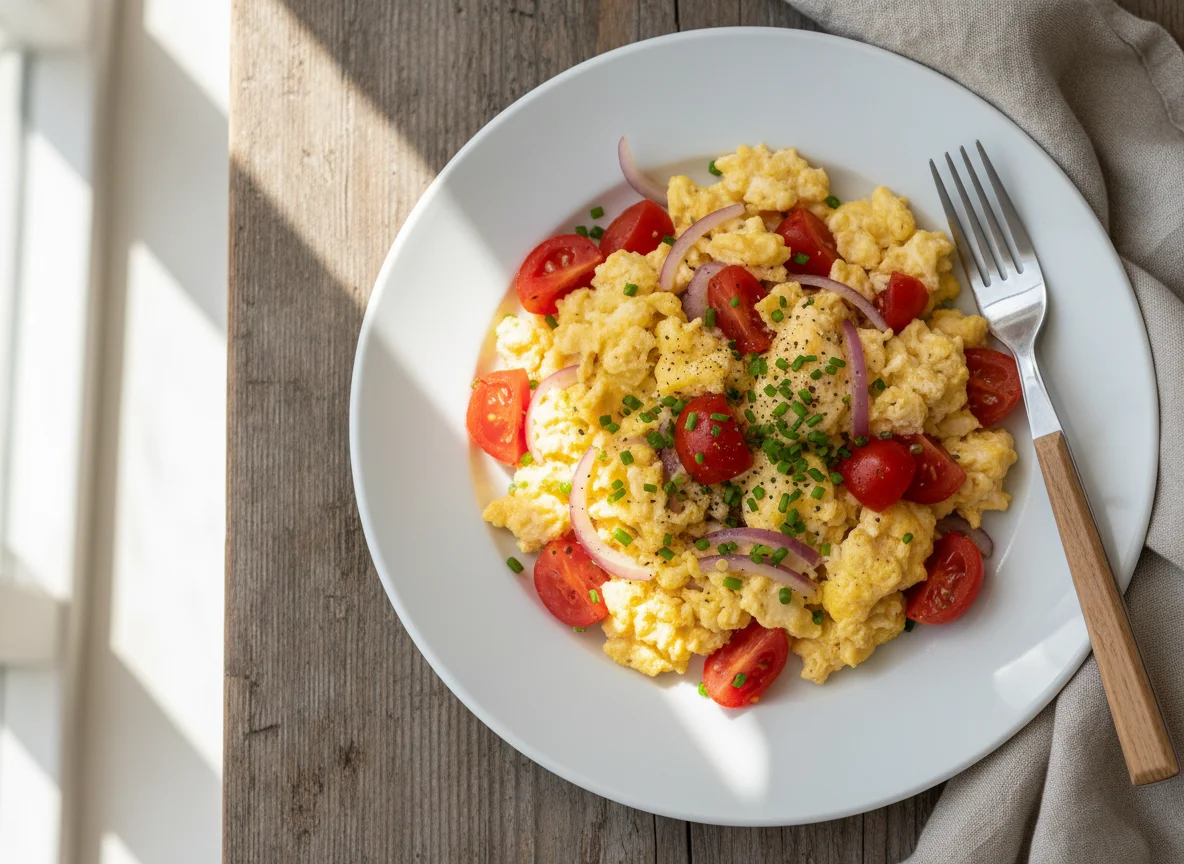 Scrambled Eggs with Onion and Tomato photo