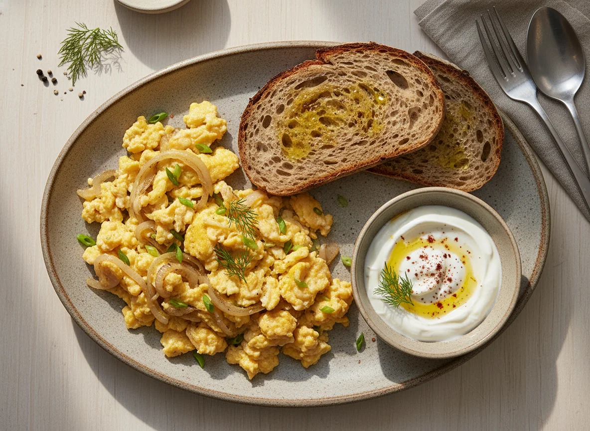 Scrambled eggs with onions and bread photo