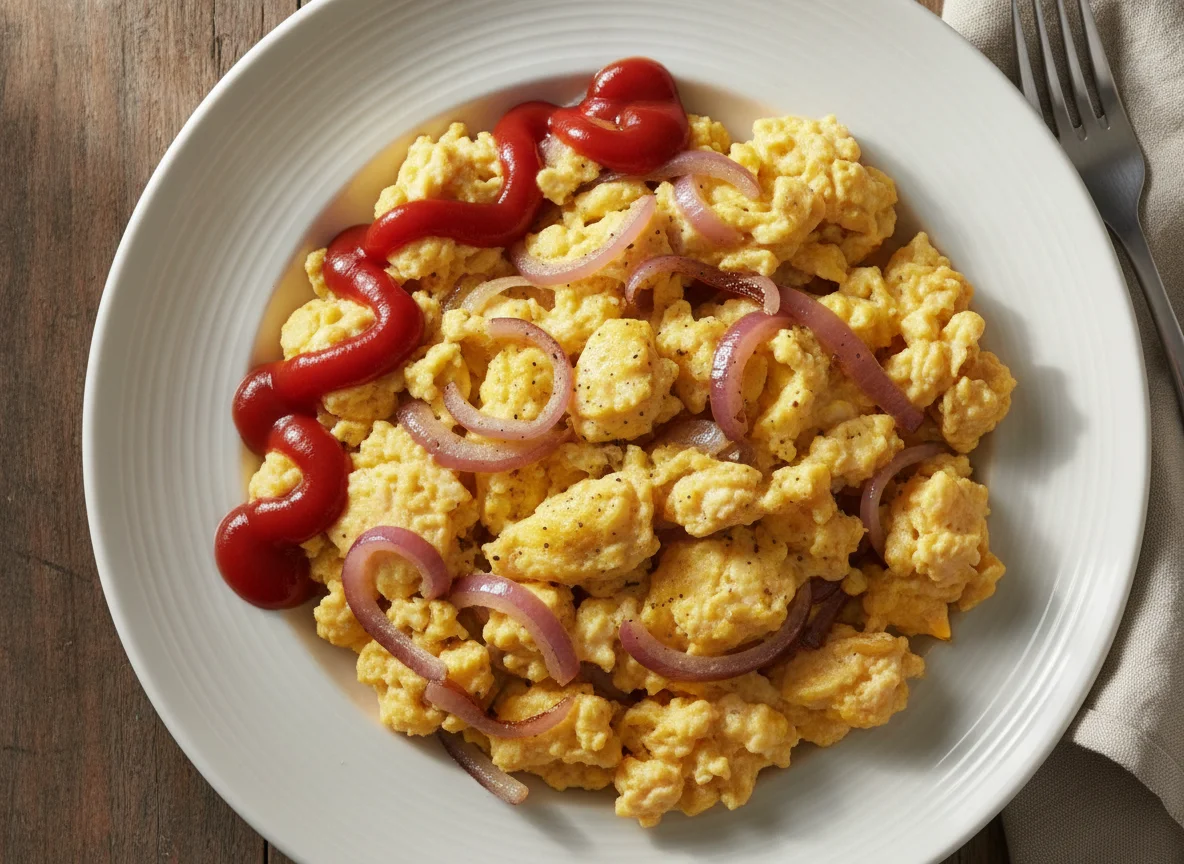 Scrambled eggs with onions and ketchup photo