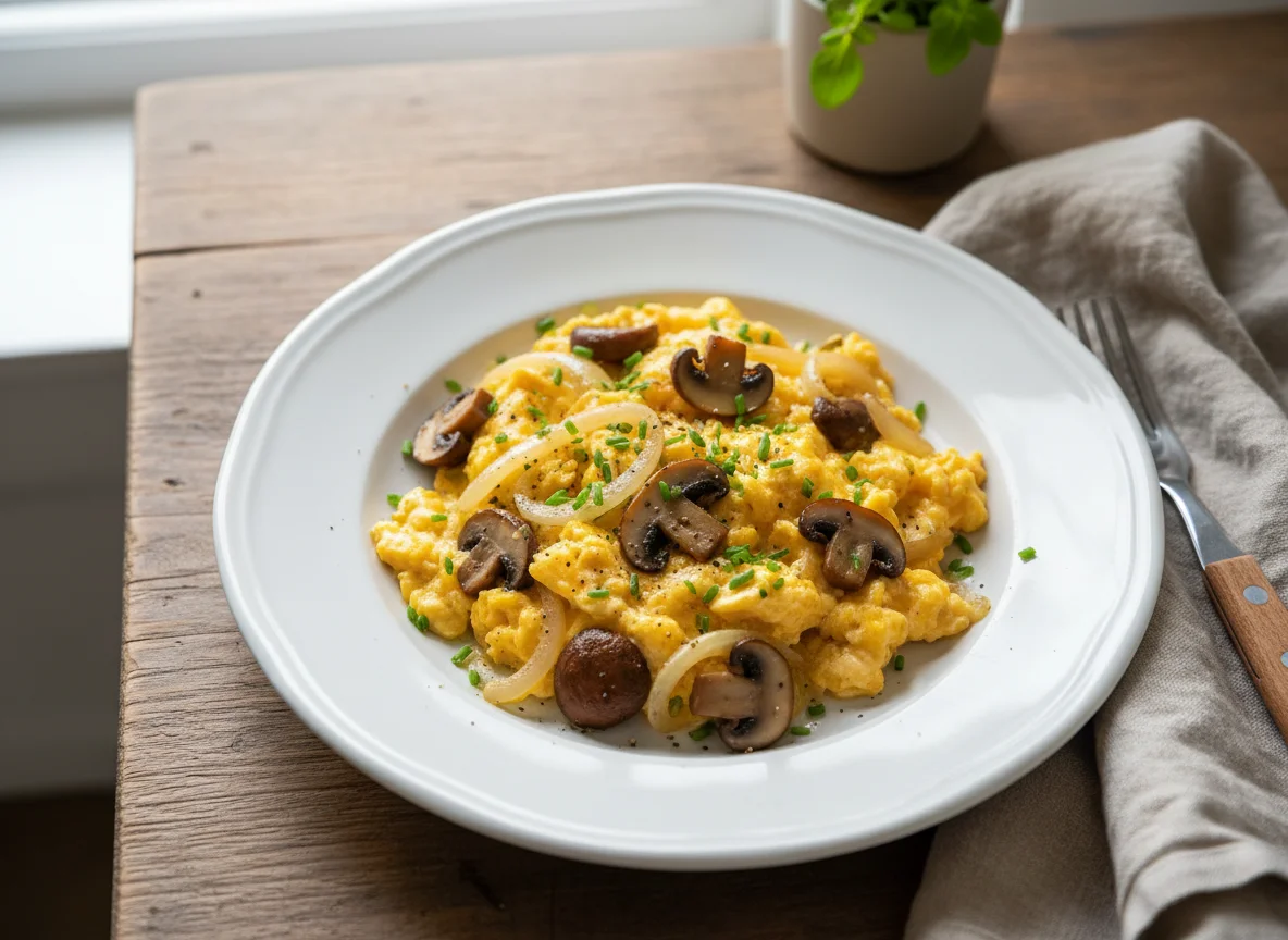 Scrambled Eggs with Onions and Mushrooms photo