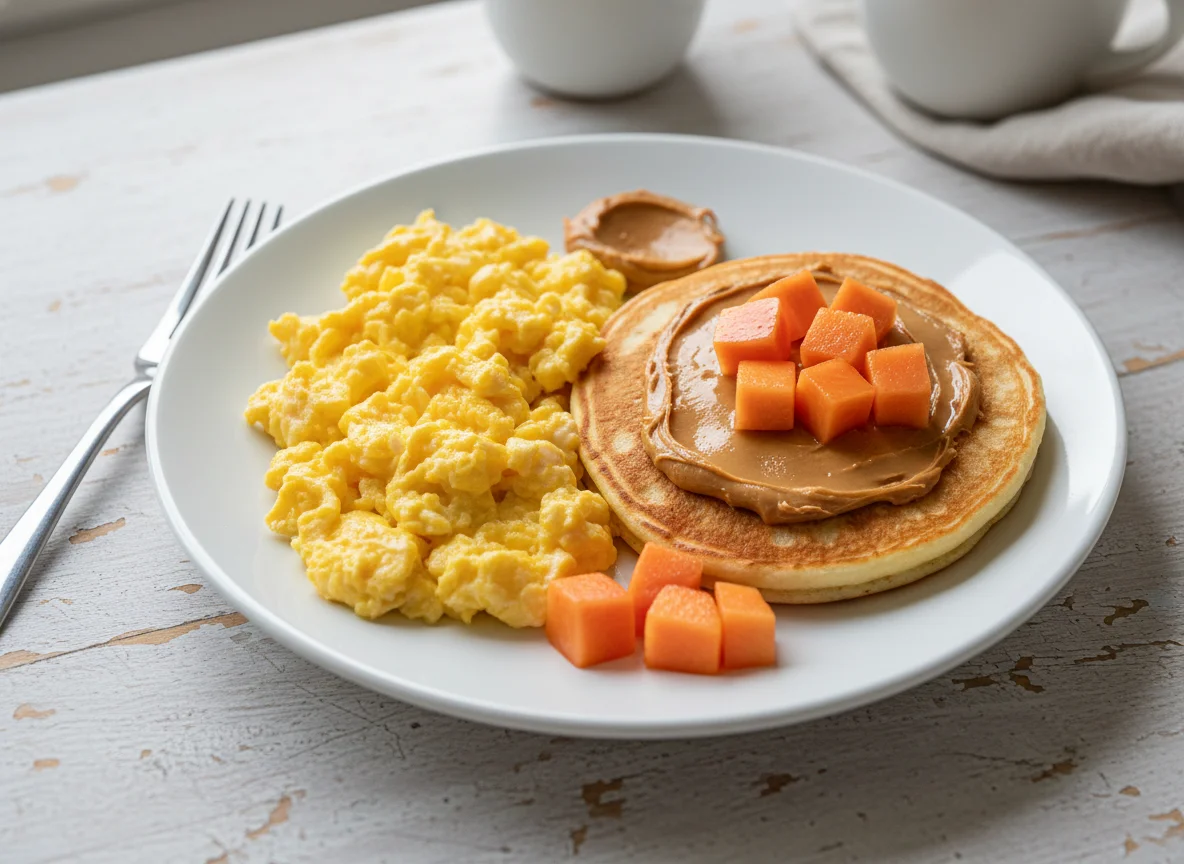 Scrambled eggs with pancake and papaya photo