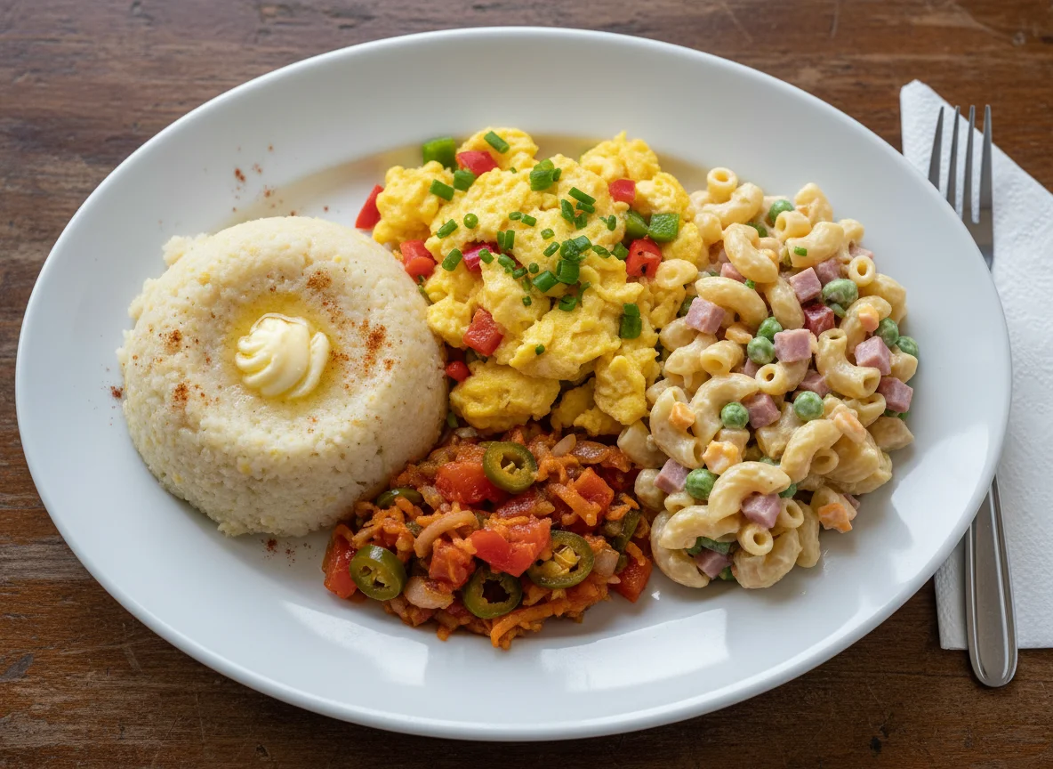 Scrambled Eggs with Pap and Macaroni Salad photo