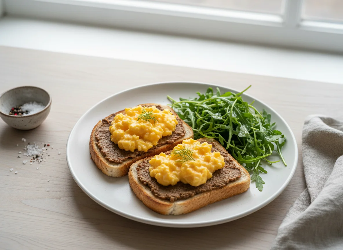 Scrambled Eggs with Pate Toast and Arugula photo