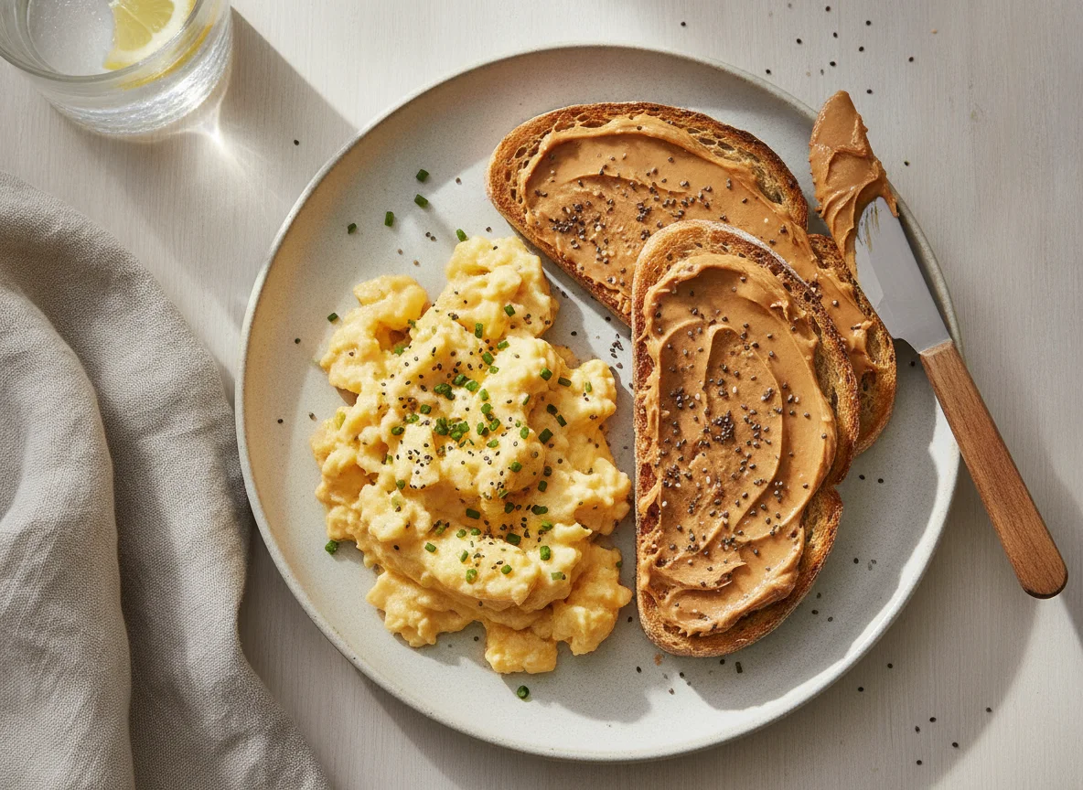 Scrambled eggs with peanut butter toast photo